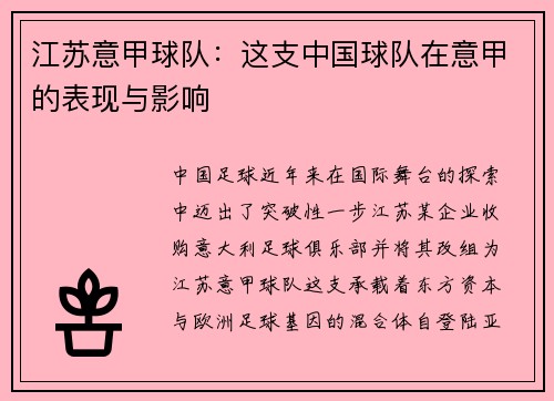 江苏意甲球队：这支中国球队在意甲的表现与影响