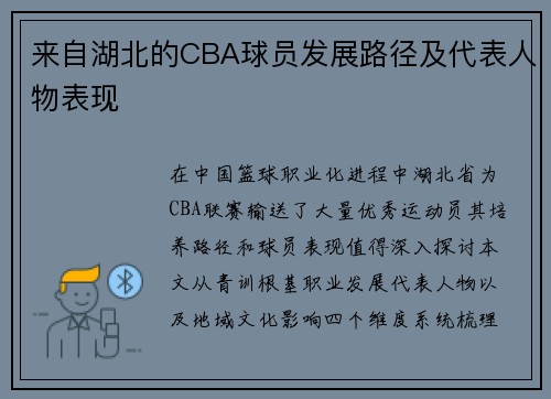 来自湖北的CBA球员发展路径及代表人物表现