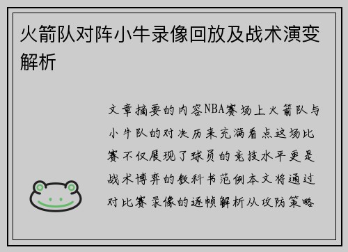 火箭队对阵小牛录像回放及战术演变解析